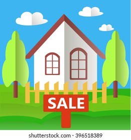 Stylized white house with a red sign Sale, green grass, blue sky, vector