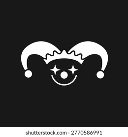 A stylized white icon features a playful clown or jester face, complete with a classic two-pointed hat, star-shaped eyes, a round nose, and a simple smile, set against a stark black background. This minimalist vector illustration embodies themes of entertainment, carnival, or folly, making it ideal for logos, event promotions, graphic designs, or theatrical branding.