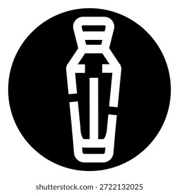 Stilisiertes weißes Symbol, das einen alten ägyptischen Sarkophag oder Sarg darstellt, umgeben von einem massiven schwarzen kreisförmigen Hintergrund, ideal für Konzepte, die mit Geschichte, Artefakten, Bestattung und Mumien verbunden sind