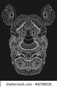 Stylized white line art  rhino portrait on black background.