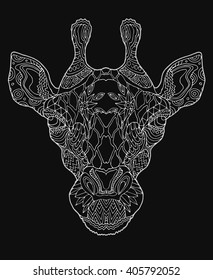 Stylized white line giraffe portrait.