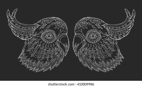 Stylized white line parrot portraits on black background. 