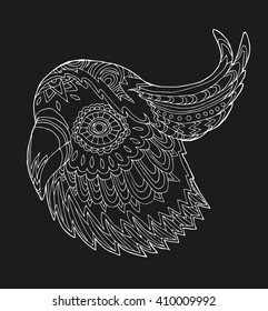 Stylized  white line parrot portraits on black background. 