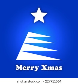 Stylized white Merry Christmas tree with a white star on blue background