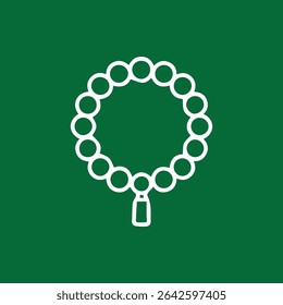 A stylized white outline of prayer beads against a green background representing devotion, mindfulness, and connection to the divine