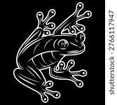 Stylized white outline of a tree frog with large eyes and suction-cup toes against a dark background.