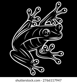 Stylized white outline of a tree frog with large eyes and suction-cup toes against a dark background.