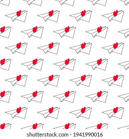 Stylized white paper airplanes with red heart symbols inside, seamless pattern, repeated background. Concept of love message, declaration of love, Valentine's day background