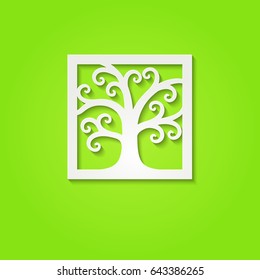 Stylized white paper tree with shadow, logo design template. Abstract swirly tree in a frame silhouette. Laser cutting design element. Vector illustration