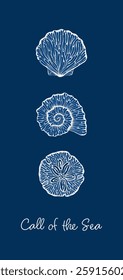 Stylized white shell illustrations on dark blue background with Call of the Sea quote