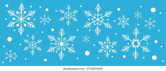 Stilisierte weiße Schneeflocken und fallende Schneepunkte schaffen ein lebendiges, sich wiederholendes Wintermuster auf hellblauem Hintergrund, perfekt für Urlaubsverpackungspapier oder festliche saisonale Webbanner.