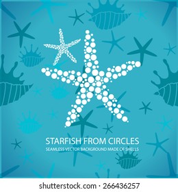 Stylized white starfish made of dots (circles), vector. Seamless background from marine invertebrates.