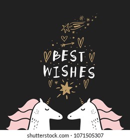 Stylized white unicorns and sign. Postcard template. Clipart, isolated vector illustration.