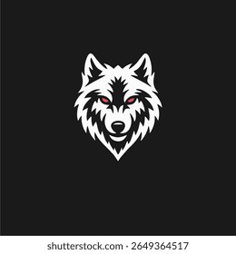 A stylized white wolf's head with red eyes is presented against a dark background.  The design is clean and graphic, suitable for a logo or emblem.