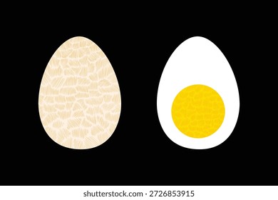Stylized whole egg and half boiled egg with textured shell and yolk. Minimal food illustration set for packaging, menus, infographics and educational design.