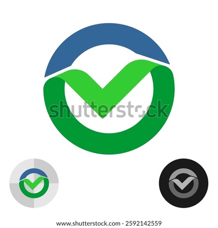 Stylized wide line check box 3D symbol in a round frame. Ribbon style blue circle with teared off green sharp checkbox logo. Approve property icon.