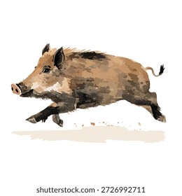 Stilisierte Wildschwein-Illustration in dynamischer Running-Pose, perfekt für Natur, Jagd oder rustikale Designs. Erdtöne und Aquarelleffekt.