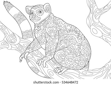 Stylized Wild Lemur, Madagascar Mammal Animal. Freehand Sketch For Adult Anti Stress Coloring Book Page With Doodle And Zentangle Elements.