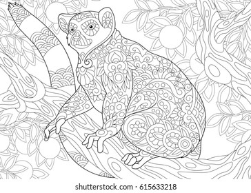 Stylized wild lemur, madagascar mammal animal. Freehand sketch for adult anti stress coloring book page with doodle and zentangle elements.