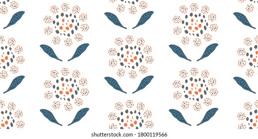 Stilvolle wilde Wiesen und Blumen, Vektorgrafik. Banner mit mosaikem Orange, blauen, graugelben Blumen auf weißem Hintergrund. Modernes abstraktes botanisches geometrisches Design. Für Band, Klinge.