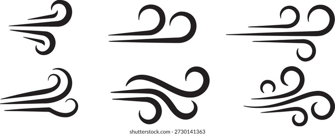 Stylized wind or air flow vector icons. Collection of six dynamic illustrations representing movement of air, breeze, or gust. These graphic elements are ideal for weather forecasts, climate change projects, environmental campaigns, and designs related to freshness, speed, or motion. Each icon features swirling and flowing lines, capturing different visual interpretations of wind, suitable for conveying energy and lightness. Perfect for web, print, and mobile applications, these symbols offer a clear and modern representation of atmospheric conditions.