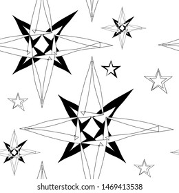 Stylized wind rose seamless pattern black and white vector image .Endless repeating print background texture.