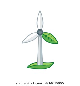 A stylized wind turbine featuring green leaves on one blade and a green base, representing clean and sustainable power generation.