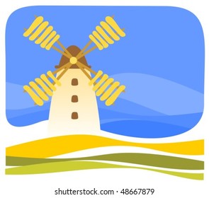 Stylized windmill on a blue sky background.