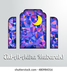 The stylized window with night sky and yellow crescent. Eid Al-Adha Mubarak (Kurban Bayraminiz). Minimalistic greeting card template for Muslim Community Festival of sacrifice. Effect 3D. Vector EPS10