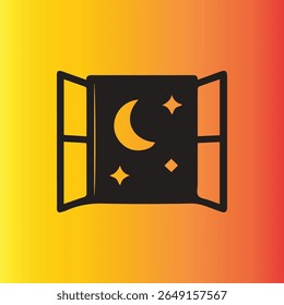 Uma janela estilizada oferece um vislumbre de uma noite iluminada pela lua com estrelas brilhantes preenchendo o céu. Evoca um senso de paz e admiração.