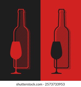Stylized wine bottle and glass vector minimalist illustration in red and black colors. Best for logo, menu concept and branding design.