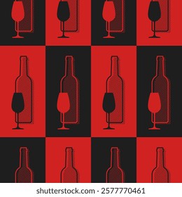 Stylized wine bottle and glass vector minimalist illustration in red and black colors. Best for logo, menu concept and branding design.