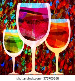 Stylized wine in three glasses. Autumn red abstract background with stylized leaves in the form of droplets. Vector