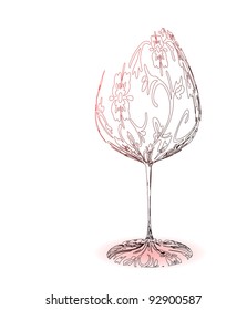 Stylized wineglass with wine and floral pattern