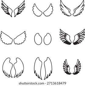 Conjunto de iconos de alas estilizadas: alas de Vector Abstractas, angelicales e inspiradas en pájaros para el diseño de tatuajes, fantasías e interfaces de usuario