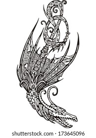 Stylized winged dragon tattoo. Black and white vector illustration.