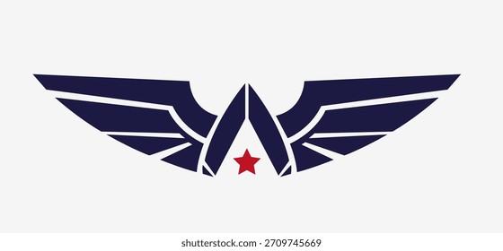 Estilizado emblema alado con símbolo de estrella central. Ilustración vectorial EPS10