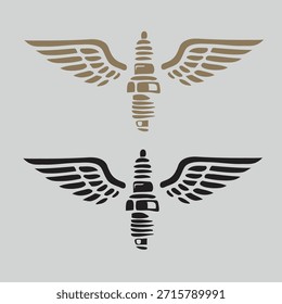 Símbolos estilizados de bujías aladas en negro y marrón, que combinan temas de aviación y diseño automotriz.