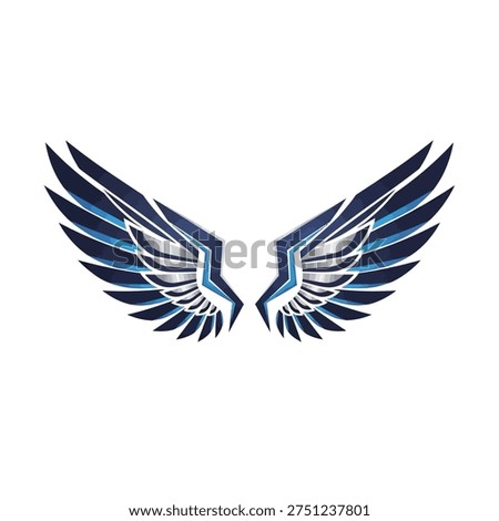 Stylized wings with a modern, futuristic design featuring blue and silver color scheme, isolated on white.