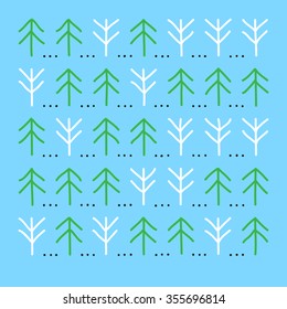 Stylized winter forest with coniferous and deciduous trees on a blue background. Vector illustration