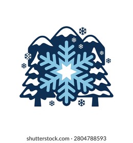 A stylized winter graphic featuring a central snowflake overlaying snow capped mountains and evergreen pine trees in a dark blue and light blue color palette