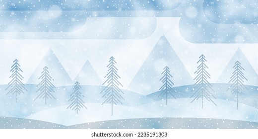 Stylized winter landscape, cartoon nature, mountains with forest and falling snow