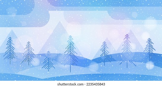Stylized winter landscape, cartoon nature, mountains with forest and falling snow