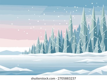 Paisaje de invierno estilizado con árboles cubiertos de nieve y helados