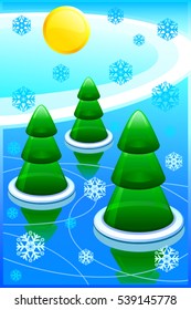 Stylized winter landscape with fir trees