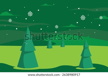 A Stylized Winter Landscape Illustration Featuring Pine Trees and Falling Snowflakes Against a Dark Green Night Sky and Rolling Hills.