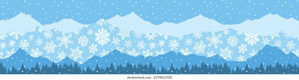 Stylized winter landscape,  mountains and forest, snowfall and snowflakes, seamless border
