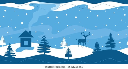 Stylized winter landscape, seamless pattern, hut and a reindeer, snowdrifts and snowfall, vector illustration