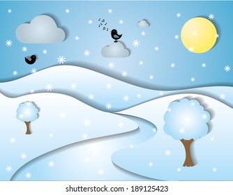 Stylized winter landscape with snowflakes, trees, clouds, birds, and mountains