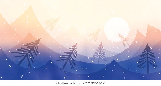 Paisaje invernal estilizado, puesta del sol, puesta del sol, naturaleza de la historieta, bosque y nevada, Ilustración vectorial